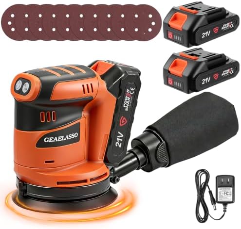 5-Inch Cordless Random Orbital Sander, Battery-Powered Palm Sander with 3 Variable Speeds, 8000–13000 RPM, Battery, 10 Sanding Discs and Dust Collection Box for Woodworking and Furniture