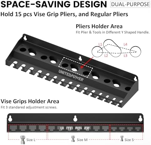 UNITEDPOWER Vise Grip Holder, Wall Mount Pliers Storage Rack Organizer for Workshop, Shed, Garage, Stores up to 15 Vises or 11 Pliers