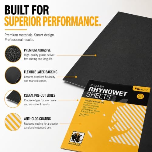 Indasa Rhynowet 50 PCS 9x11” Wet & Dry Full Sandpaper Sheets, 2000 GRIT, Clog-Resistant Abrasive for Wood, Metal, Auto, Paint & Clear Coat Finishing, Sand Paper Silicon Carbide