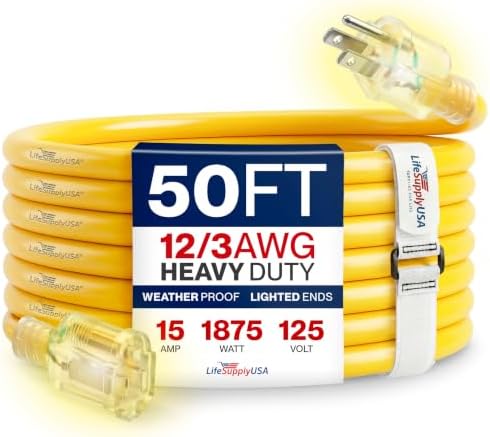 50ft Outdoor/Indoor Extension Cord 12/3 Gauge Extra Heavy Duty 3 Prong SJTW (5-15P/5-15R), Waterproof, Flexible Cold-Resistant Long Power Cord,15A 125V 1875W, Yellow by LifeSupplyUSA