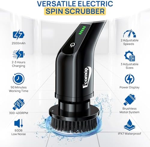 2025 Upgraded Electric Spin Scrubber – Shower Scrubber with Long Handle, Cordless Electric Cleaning Brush, 400 RPM Dual-Speed, IPX5 Waterproof, 90-Min Runtime, 8 Brush Heads for Powerful Cleaning