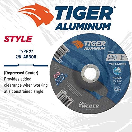 Weiler 58209 6 Inch Cutting Wheel, Tiger Aluminum Non-Loading Contaminant-Free High Performance Cutting, .045" ALU60S Type 27 7/8" Arbor, Pack of 25