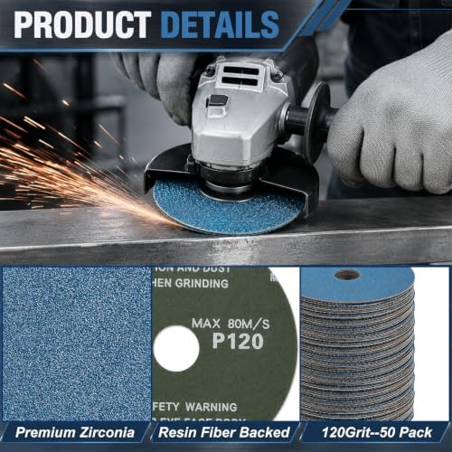 50 Pack Zirconia Resin Fiber Sanding Grinding Discs, 4.5" x 7/8” 120 Grit