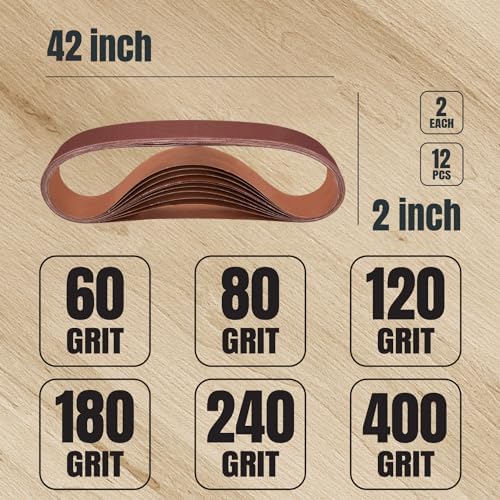 POWERTEC 2x42 Sanding Belts, 12PK, 2 Each of 60/80/120/180/240/400 Grits, 2 x 42 Sanding Belts for 2x42 Belt Sander, Grinder, Belt and Disc Sander, Knife Making, Woodworking, Metal Working (42420-1)