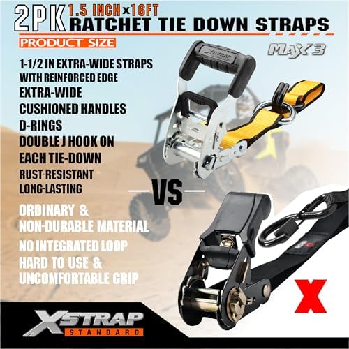 XSTRAP STANDARD 2 Pack 1.5" x 16Ft Ratchet Tie Down Straps w/Double J Hook | 3,300 lb Break Strength, Heavy Duty Tie Down Straps for ATV, UTV, Truck, Motorcycle & Cargo Hauling, , Kayak, Trailer, Yellow