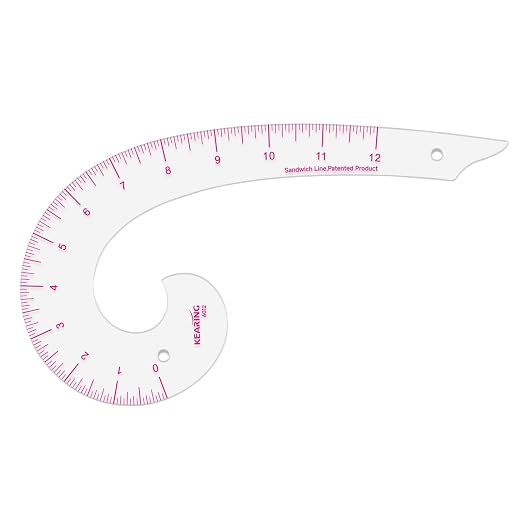 KEARING 12inch Plastic Comma Shape French Curve Ruler for Pattern Making, Sandwich Line Scale, Vary Form Curve Ruler for Sewing, Clear Muti Function Sewing Ruler for Fashion Design