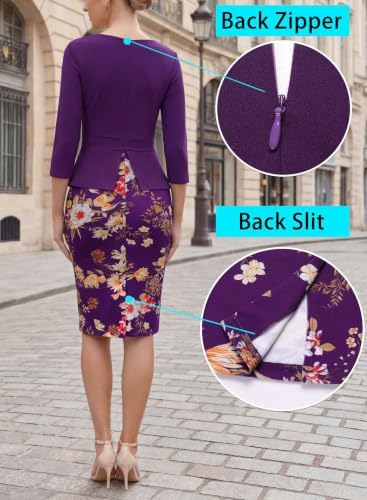 VFSHOW Womens Work Business Office Front Zipper Peplum Church Sheath Dress
