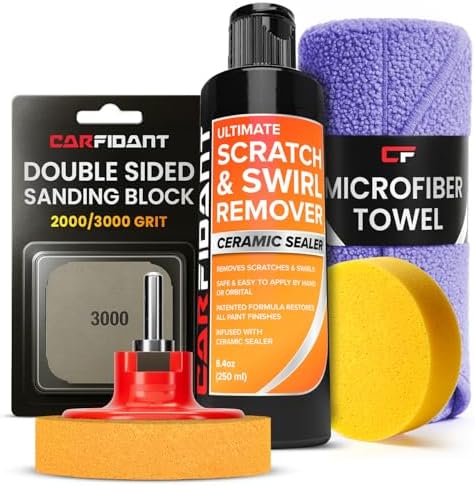 Carfidant Scratch and Swirl Remover - Car Scratch Remover for Vehicles Paint - Polishing Compound for Cars - Paint Restorer Kit with Pad, Microfiber and Sanding Block
