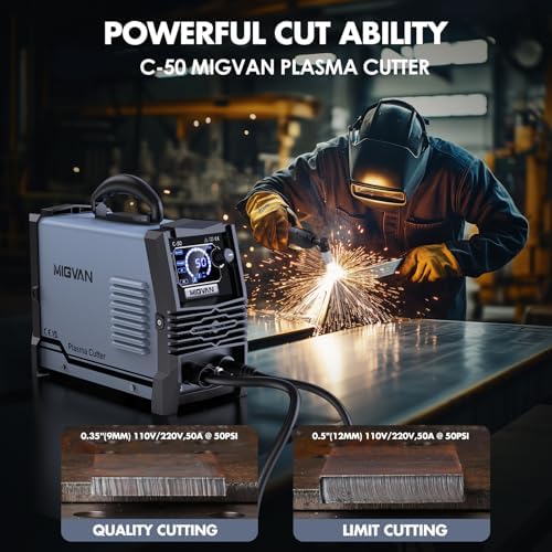 50Amps Plasma Cutter, Large LED Screen Display, MIGVAN Cutter Machine 110/220V Dual Voltage, 1/2" Cut DC IGBT Inverter, Post Flow 2T/4T Metal Cutting Machine with Torch & Tips for Beginners Home DIY