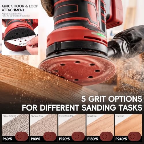 Cordless Brushless 5-Inch Random Orbital Sander Compatible with Milwaukee 18V Battery(Tool Only, No Battery Included) Brushless Sander with 6 Speeds, Dust Collection & 20 Sanding Discs for Woodworking