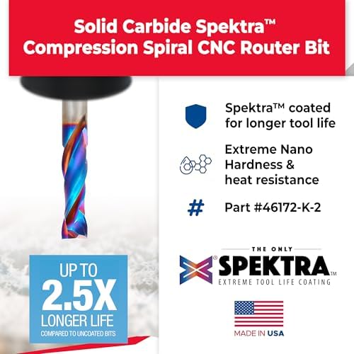 Amana Tool Spektra Extreme Tool Life Coated Solid Carbide CNC Compression Spiral Router Bit, 46172-K-2 2 Pack, 3/8 D x 1-1/4 CH x 3/8 SHK x 3 L 2 Fl
