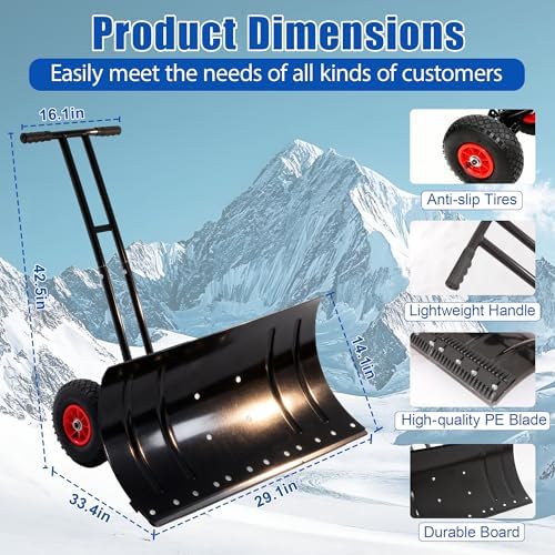29" Heavy Duty Snow Shovel with Wheels, Shovel Snow Pusher Snow Removal with Ergonomic Handle for Easy Driveway Sidewalk Pavement Clearing (Double Rod)