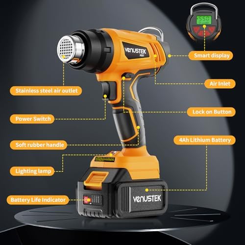 Cordless Heat Gun 122℉–1022℉ for Shrink Tubing Vinyl Wrap