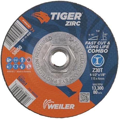 Weiler 58050 4-1/2" x 1/8" Tiger Zirc Type 27 Cut and Grind Combo Wheel, Z30T, 5/8"-11 UNC Nut (Pack of 10)