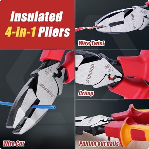 Insulated Linesmen's Pliers with Tool Storage Case, 9 Inch 1000V Insulated Electrician Combination Pliers Multipurpose Lineman Plier with Wire Cutter/Crimper