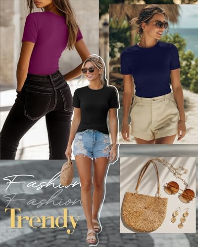 Ficerd 3 Pack Women's Ribbed Short Sleeve T-Shirts