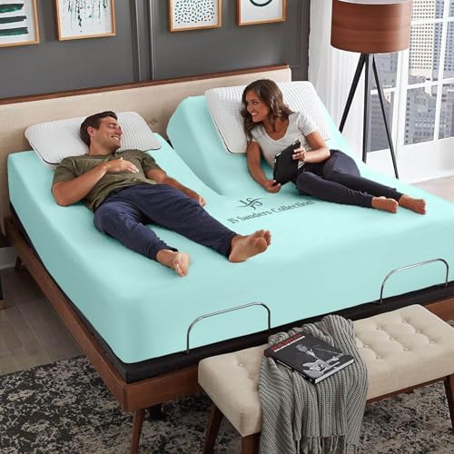 JS Sanders Collection 600TC Flex Top Queen Sheets for Sleep Number Bed - 100% Cotton 4 Pcs Top Split Queen Sheets for Adjustable Bed Queen 36 Inch Down Aqua Blue -18 Inch Deep
