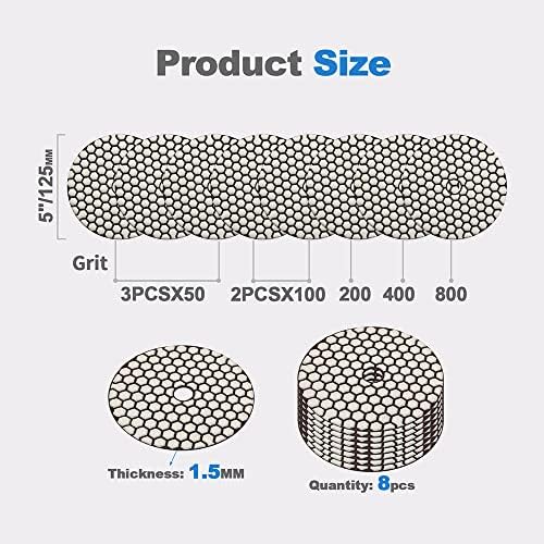 Dry Diamond Polishing Pads - 8pcs 5 inch (#50x3,#100x2,#200x1,#400x1,#800x1) Sanding Pads Kit for Granite Marble Ceramic Used on Angle Grinder or Polisher, with Aluminum Backing Pads+ Adapter 5/8”-11