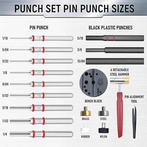 19Pcs Roll Pin Punch Set with Hammer and Bench Block