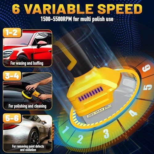 Cordless Buffer Polisher Compatible with Dewalt 20V Battery, 10000RPM Brushless High Power | Dual Action | 6 Variable Speed | 6-Inch Orbital Polisher for Car Detailing and Polishing Waxing (Tool Only)