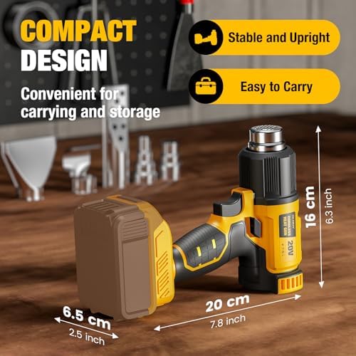 Cordless Heat Gun for DeWALT 20V MAX Battery, 7Pcs Nozzles&Scraper, LED Light, 350W Fast Heating Soldering Hot Air Gun, 2-Temp Setting Max 990℉(532℃), Heat gun for Shrink Tubing, Crafts (Tool Only)