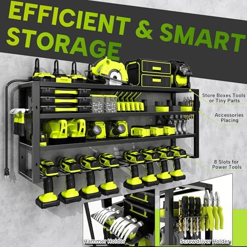 Large Power Tool Organizer Wall Mount with Charging Station, 8 Outlet Power Strip, 4 Layers 8 Drill Holder Heavy Duty Metal Tool Storage Loads 420lbs with Screwdriver Holder, Utility Racks for Garage