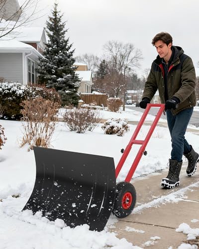Snow Shovel with Wheels for Driveway, 29" W X 19.8" H Heavy Duty Double Rod