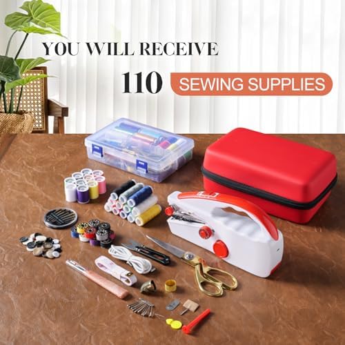 Handheld Sewing Machine Heavy Duty, with Red Leather Storage Case and 110-Piece Sewing Kit, Mini Portable, Ideal for Adults & Beginners, Complete Set of Quick Home Clothing Repair Tools, Good Gift