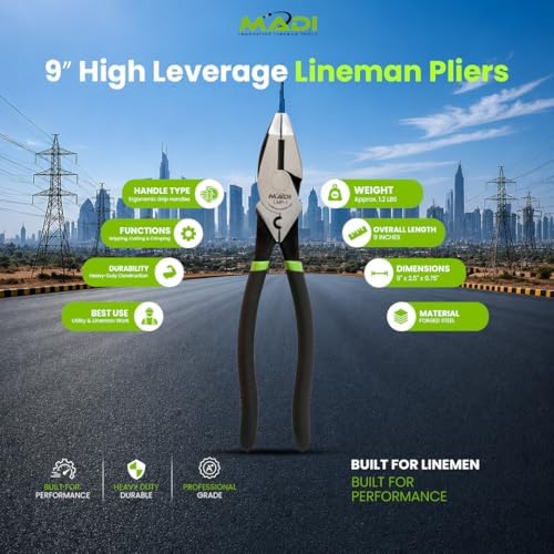 MADI 9" High Leverage Lineman Pliers with Built-in Crimper and Dual Gripping Surfaces - Versatile Power Tool for Utility and Electrical Professionals | LMP-1