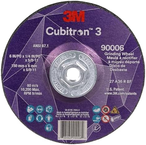 3M Cubitron 3 Depressed Center Grinding Wheel, 90006, 36+, T27, 6 in x 1/4 in x 5/8 in-11, Pack of 10, ANSI, Precision Shaped Grain, Beveling, Weld Grinding, Heavy Deburring, Slag Removal