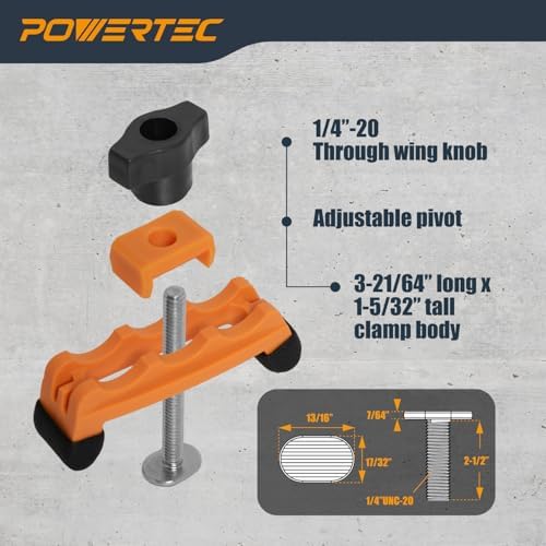 POWERTEC 2PK Adjustable Mini Hold Down Clamps, Multi-Positionable T Track Clamp, Reinforced Plastic Clamps with 1/4”- 20 Steel T Track Bolts for Drill Press, Router Table, CNC Machine & More (71786)