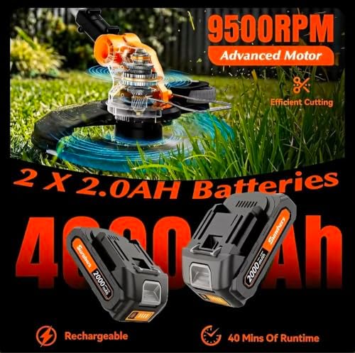 20V Electric Weed Wacker Edger Lawn Tool, Battery Powered Weed Eater 12-Inch Cordless String Trimmer Grass Trimmer Lightweight Yard Tools for Garden, Lawn Mower Cutter with 2 2.0Ah Battery Orange