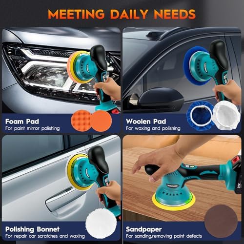 Cordless Car Buffer Polisher Kit with 2x21V Batteries, 6 Inch Car Polisher with 8 Variable Speed Max 6000RPM & 21 PCS Attachments, Buffer Polisher for Car Detailing, Sanding, Scratch Removing