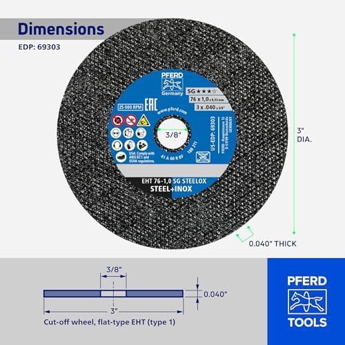 PFERD SG STEELOX Type 1 Die Grinder Cut-Off Wheel, 3" x 0.035" x 3/8", Aluminum Oxide, 60 Grit, 25,000 RPM – Die Grinder Discs for Metal Cutting (Pack of 50) – Part 69303