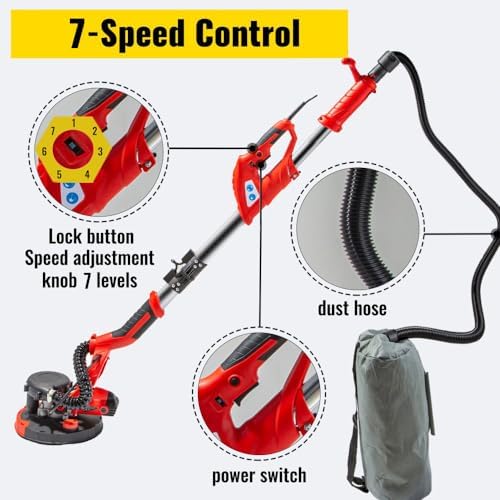 VEVOR Drywall Sander 750W, Electric Sander Variable Speed 800-1750RPM, Drywall Sander Foldable Sheetrock Sander, with Telescope Handle, Vacuum Bag Drywall Sanders 6 Sand Pads