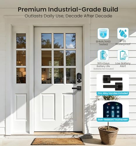 Veise VE07-L Fingerprint Smart Lock with 2 Lever Handles Set, Matte Black | 8-in-1 Keyless Entry for Front Door, App & Fob Control, Remote Access Sharing, Electronic Touchscreen Deadbolt, Auto Lock
