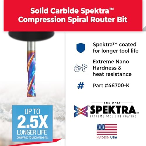 Amana Tool Spektra Extreme Tool Life Solid Carbide CNC Compression Spiral Router Bit, 46700-K, 1/4 D x 7/8 CH x 1/4 Shank x 2-1/2 Inch Long 2 Flute
