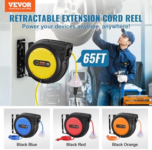 VEVOR Retractable Extension Cord Reel, 65 FT, Heavy Duty 12AWG/3C SJTOW Retractable Power Cord with Lighted Triple Tap Outlet, 15 Amp Circuit Breaker 180° Swivel Bracket for Ceiling or Wall Mount