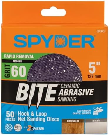 Spyder 50-Pack 60 Grit Sanding Discs, Ceramic Net, 5-Inch Hook and Loop, for Random Orbital Sander (500067)