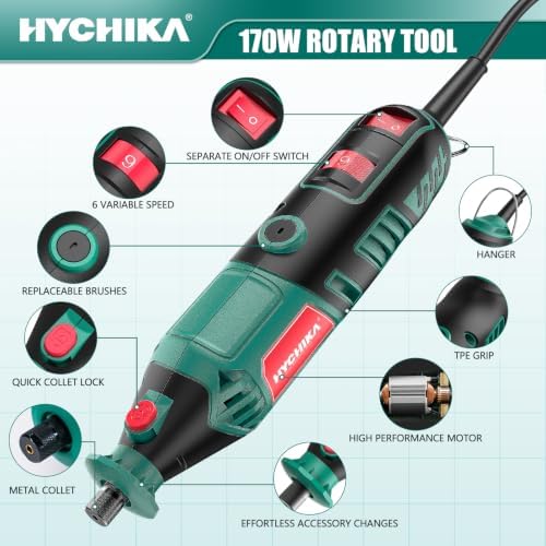 HYCHIKA 6 Variable Speed 8000-35000RPM Rotary Tool Kit 4 Attachment and 169 PCS Accessories, Ideal for a Variety of Crafting and DIY Projects Cutting, Sanding, Grinding, Polishing, Drilling, Engraving