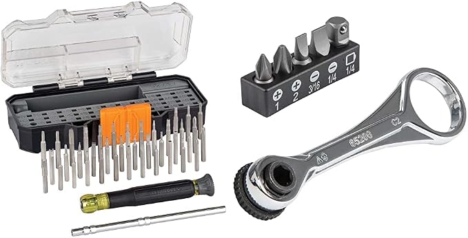 Klein Tools 32717 Precision Screwdriver Set with Case & 65200 Ratchet Set, 5-Piece Mini Ratchet Set with Phillips, Slotted, and Adapter for Other Socket Sizes, For Tight Spaces