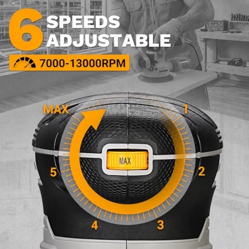 Random Orbital Sander: DEKOPRO 4.5A Corded Electric Sander Palm Sanders, 6 Various Speeds Hand Sander with Replaceable Sander Pad, Dust Box, 31Pcs Sandpapers for Woodworking & Sanding