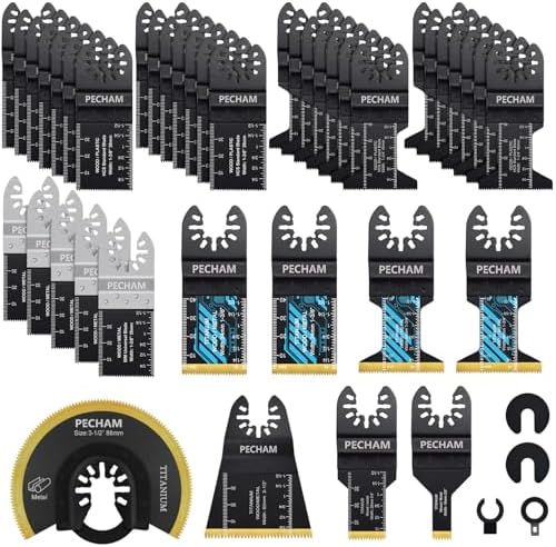 Oscillating Saw Blades, PECHAM 45PCS Professional Universal Titanium Multitool Blades for Wood Plastics Metal Quick Release Multi Tool Kits Fit Rockwell Ridgid Ryobi Milwaukee Chicago