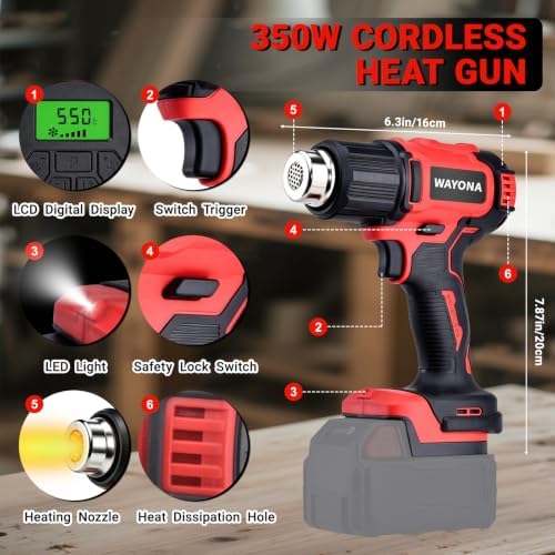 Wayona Cordless Heat Gun Compatible with Milwaukee M18 Battery (No Battery), 350W High Power Hot Air Gun with LCD Digital Display Variable Temperature Control 50℃~550℃ (122℉~1022℉) for Shrink Tubing