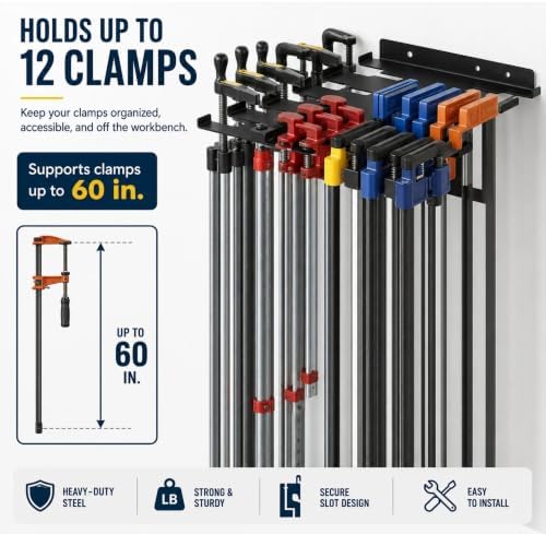 Wall Mount Pipe & Parallel Clamp Rack, Heavy Duty Steel for 12 Clamps