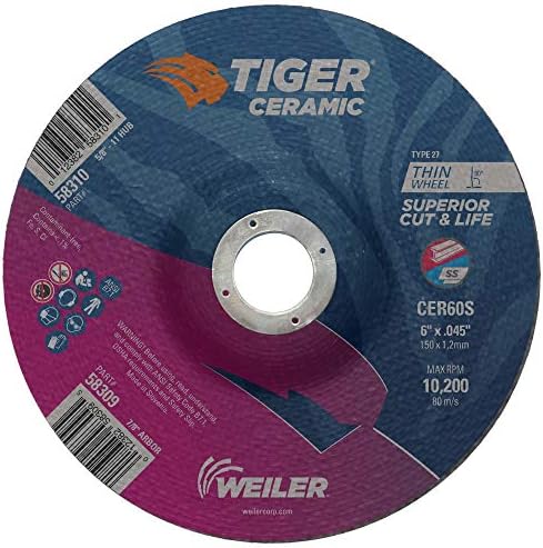 Weiler 58309 6 Inch Cutting Wheel, Tiger Ceramic Stainless Steel Superior Life & Cut Contaminant Free Max Performance Cutting, .045" CER60S Type 27 7/8" Arbor, Pack of 25