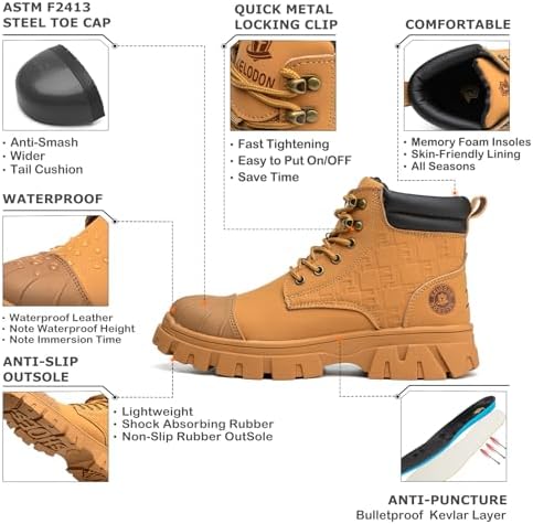 KELODON Waterproof Steel Toe Boots For Men 6 Inch Leather Steel Toe Shoes Non Slip Resistant Safety Work Boots Indestructible Lightweight Construction Boot