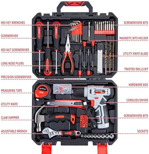 CARTMAN 150-Piece 8V Cordless Drill Hand Tool Set, Red Household Repair Kit