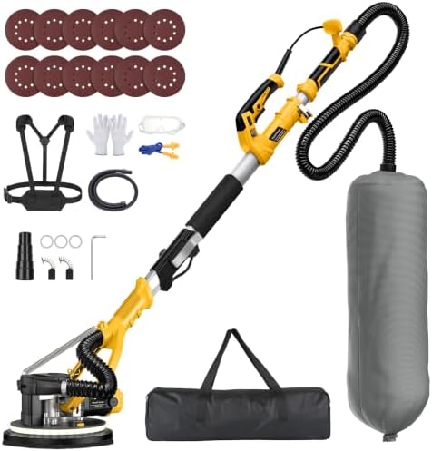 MAKELIFT Electric Drywall Sander for Ceiling with Vacuum | 5-speed 1000-2100 RPM, 880W motor, 4.4-5.5 ft telescopic pole, LED light, foldable design, up to 99% dust collection.