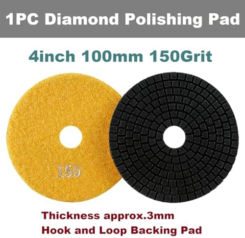 Diamond Polishing Pad, 4 inch 100 mm 150 Grit Sanding Discs for Grinder & Polisher, Hook and Loop Backing Pad for Grinding Buffing Granite Marble Concrete Stone (1 Piece)